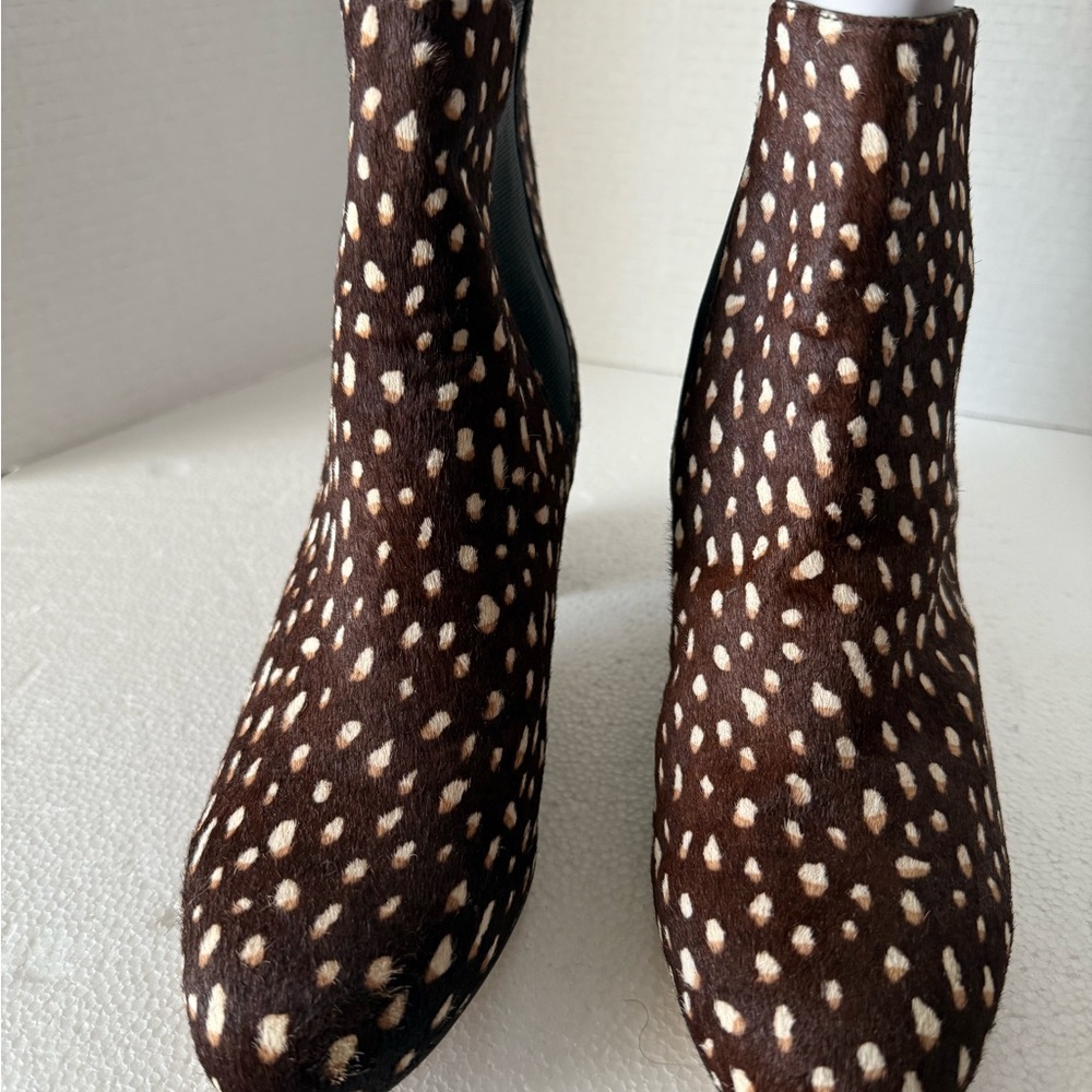 J. Crew Brown Spotted Calf Hair Heeled Boots, Sz-7,
